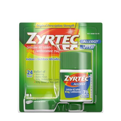 Zyrtec 24 Hour Allergy Relief Tablets, 10 mg Cetirizine HCl Antihistamine Allergy Medicine, 70 ct