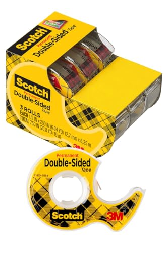 Scotch® Double-Sided Tape, 1/2 in x 250 in (12.7 mm x 6.35 m), 3 Pack