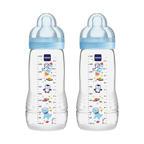 MAM Easy Active Baby Bottle with Fast Flow MAM Teats Size 3, Twin Pack, Baby Feeding, 330 ml, Blue (Designs May Vary)