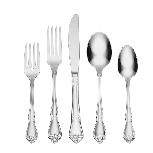 Oneida True Rose 45 Piece Everyday Flatware, Service for 8, 18/0 Stainless Steel, Silverware Set, SilverSilverware Set 