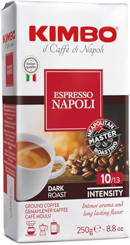 Kimbo Espresso Napoli Ground Coffee | Dark Roast | Intense Aroma & Long Lasting Flavor | 10/13 Intensity | 8.8 oz (250g) Brick