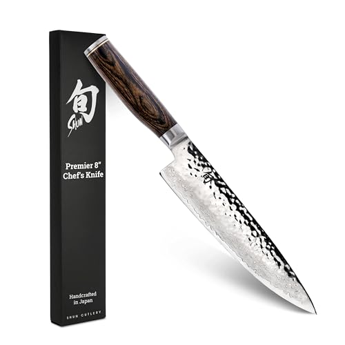 Shun Premier 8" Chef's Knife, Handcrafted Japanese Kitchen Knife for Professional and Home Chefs, VG-MAX Core with Damascus Stainless Steel Cladding, Pakkawood Handle