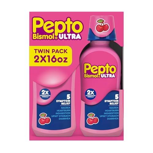 Pepto Bismol Liquid Ultra for Nausea, Heartburn, Indigestion, Upset Stomach, and Diarrhea - 5 Symptom Fast Relief, Cherry Flavor 12 oz (Pack of 3)