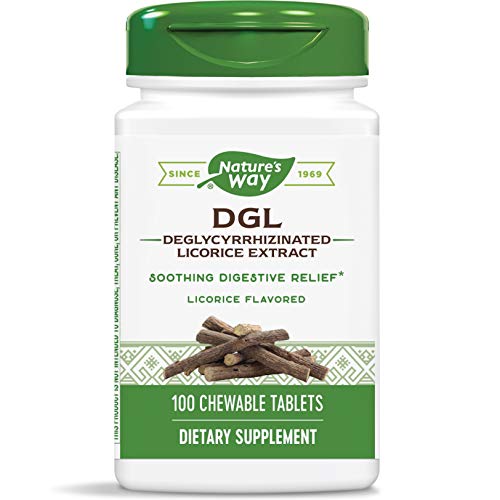 Nature's Way DGL Chewable Tablets, Soothing Digestive Relief*, for Occasional Stomach Upset*, Deglycyrrhizinated Licorice Extract, Gluten Free, Licorice Flavored, 100 Tablets (Packaging May Vary)