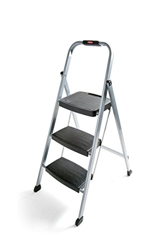Rubbermaid RM-3W Klappbarer Hocker mit 3 Stufen, Stahlrahmen, Handgriff und Kunststoffstufen, 90 kg Kapazität, Silber-Finish