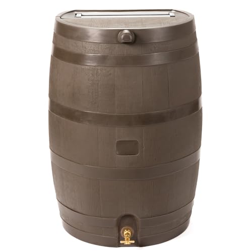 RTS Home Accents 50-Gallon Rain Barrel with Brass Spigot, Flat Back Rain Water Collection Barrel, Walnut ColorRTS Home 