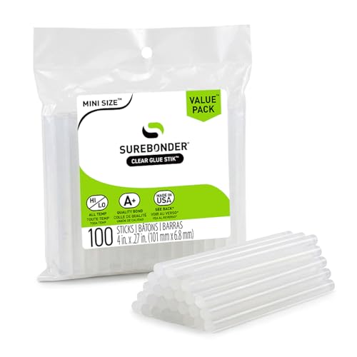 Surebonder DT-100 Mini Size Hot Glue Sticks for Mini Glue Guns 0.27 in. Diameter, 4 in. Length - All Purpose, All Temperature - Great for DIY, Arts, and Crafting - 100 Pack, Clear