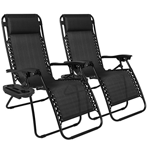 Best Choice Products Set of 2 Adjustable Steel Mesh Zero Gravity Lounge Chair Recliners w/Pillows and Cup Holder Trays - Black