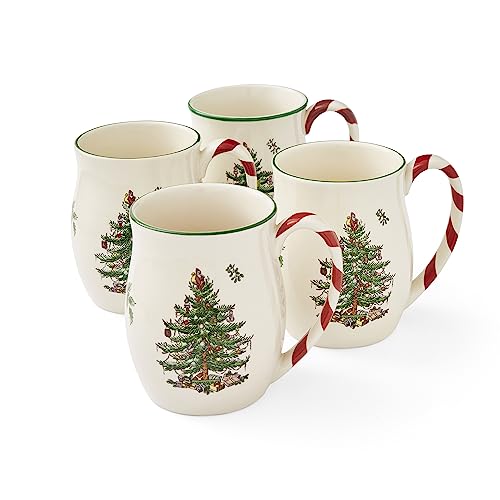 Spode Christmas Tree 14 oz Holiday Mugs (Set of 4) - Festive Coffee Mugs with Peppermint Candy Cane Handle, Stoneware Christmas Mugs Ideal for Hot Cocoa - Holiday Tea Mugs, Winter Beverages