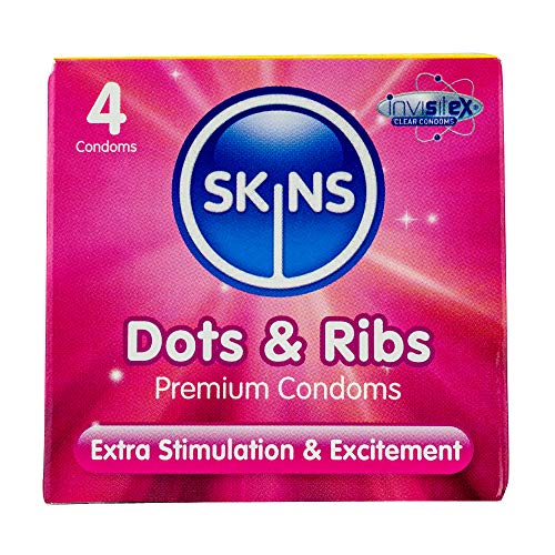 Skins Dots & Ribs Condoms 4 Pack - Ribbed and Dotted Condoms for Enhanced Pleasure - Extra Lubricated, Clear Sexual Contraception with Natural Feel with No Latex Smell