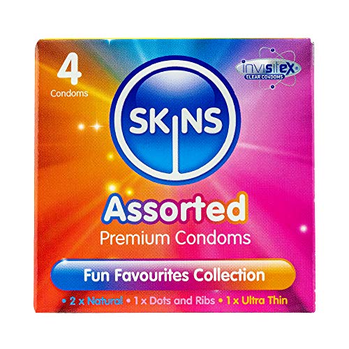 Skins Assorted Condoms Multipack, Ultra-Thin, Natural & Dots & Ribs. No Latex Smell and Extra Lubrication for Maximum Pleasure. Natural Look That Feels Like Real Skin - Pack of 4