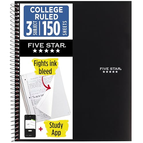 Five Star Spiral Notebook + Study App, 3 Subject, College Ruled Paper, Fights Ink Bleed, Water Resistant Cover, 8-1/2" x 11", 150 Sheets, Black (72069)