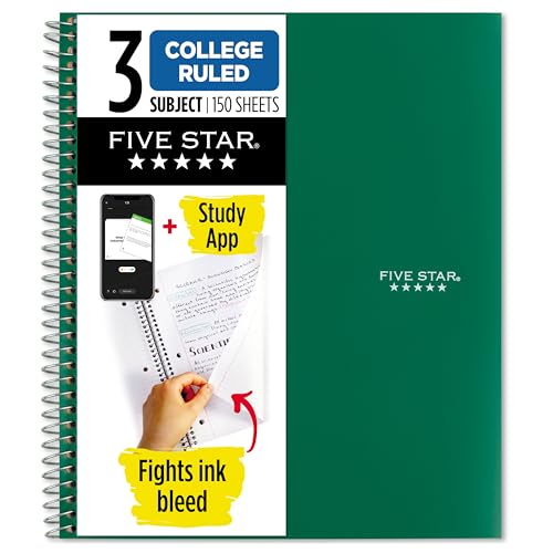 Five Star Spiral Notebook + Study App, 3 Subject, College Ruled Paper, Fights Ink Bleed, Water Resistant Cover, 8-1/2" x 11", 150 Sheets, Green (72067)