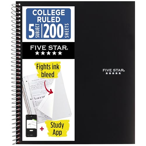 Five Star 5-Subject Spiral Notebook College Ruled 8.5x11 in 200 Sheets