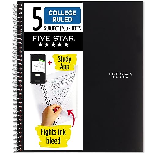 Five Star Spiral Notebook + Study App, 5 Subject, College Ruled Paper, 8-1/2 x 11, 200 Sheets, Fights Ink Bleed, Water Resistant Cover, Black (72081)
