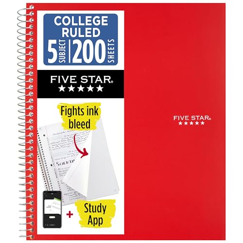 Five Star Spiral Notebook + Study App, 5 Subject, College Ruled Paper, 8-1/2" x 11", 200 Sheets, Fights Ink Bleed, Water Resistant Cover, Fire Red (72077)