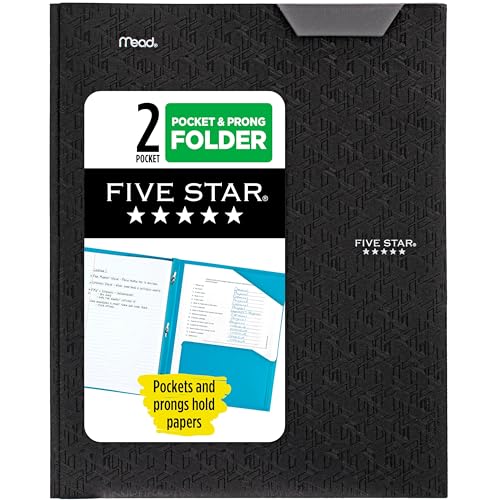 Five Star 2-Pocket Folder, Plastic Folder with Stay-Put Tabs and Prong Fasteners, Holds 8-1/2" x 11" Paper, Black (72113)