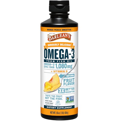 Barlean's Omega 3 Fish Oil Liquid Supplement with Vitamin D for Men and Women, Mango Peach, 1080mg EPA and DHA Fatty Acid, 16 oz
