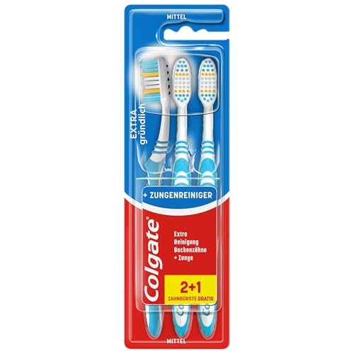 (-30%) Colgate Zahnbürste Extra Clean, 3 Stück – Handzahnbürste mit mittelharten Borsten erreicht die Zahnzwischenräume sowie hinteren Zähne – Zahnreinigung mit integriertem Zungenreiniger