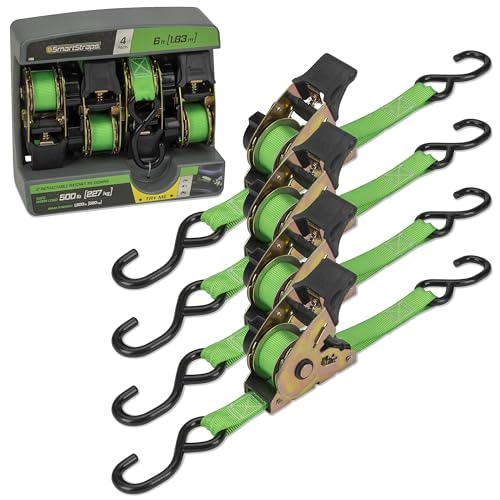 SMARTSTRAPS Retractable Ratchet Tie Down Straps (4 PK) 1,500lb Break Strength, 500lb Safe Work Load, Standard Duty, Secure and Haul ATVs, Lawn Tractors, Cargo, Boxes and Other Small Equipment
