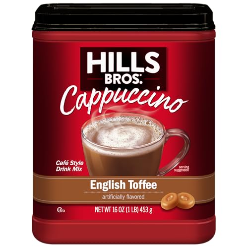 Hills Bros. Instant Cappuccino Mix, English Toffee (16 Oz, Pack of 1) – Convenient and Versatile, Instant Hot or Iced Coffee, Frothy & Rich English Toffee Flavor - Just Add Water