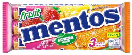 🔥 STARKER PREIS (-35%) Mentos Fruit Dragees, Frucht-Bonbons Orange, Zitrone und Erdbeere, Kaubonbons mit fruchtigem Geschmack, Süßigkeiten (3 Rollen), vegan