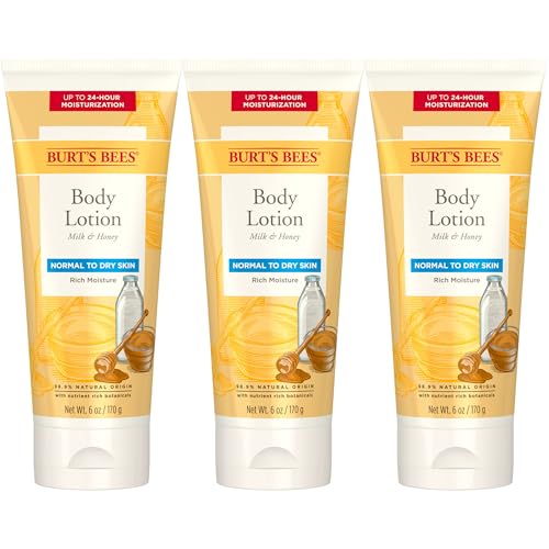 Burt's Bees, Body Lotion With Milk and Honey, Moisturizing Lotion for Normal to Dry Skin, 98.6 Percent Natural Origin Skin Care, 6 oz. Bottle (3-Pack)