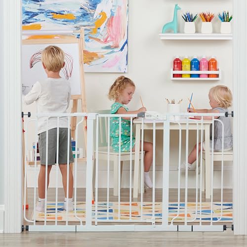 Regalo 56-Inch Extra WideSpan Walk Through Baby Gate, Includes 4-Inch, 8-Inch and 12-Inch Extension, 8 Piece Set - 4 Pack of Pressure Mounts and 4 Pack of Wall Cups and Mounting Kit, White