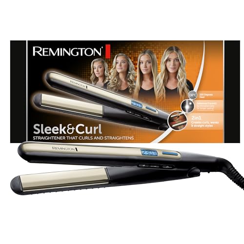 3,59€ Coupon! Remington Glätteisen Sleek & Curl (abgerundetes Design -ideal zum Glätten & Stylen von Locken und Wellen, hochwertige Ultra-Turmalin-Keramikbeschichtung) LCD-Display, 150-230°C, Haarglätter S6500