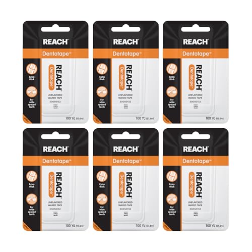 REACH Dentotape Waxed Dental Floss Tape, Unflavored, Extra Wide Floss, Shred & Frey Resistant, Plaque Remover for Teeth, Easy on Gums & Teeth, Oral Care, PFAS Free, for Adults & Kids, 6 Pack, 100 yd