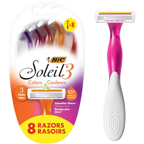 BIC Soleil 3 Colors Women's Disposable Razors With Aloe Vera and Vitamin E Lubricating Strip for Enhanced Glide, With 3 Blades, 8 Count