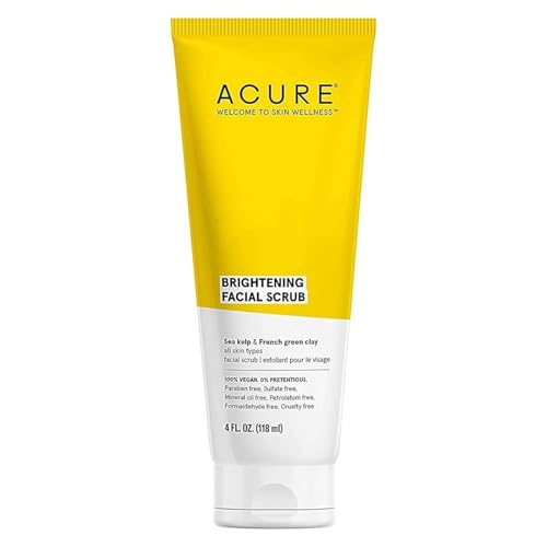 Acure Brightening Facial Scrub - Exfoliating Face Wash, Gentle Daily Scrubber & Exfoliator for Women & Men for Radiant Skin, Cleansing Wash with Sea Kelp & French Green Clay - 4 fl oz