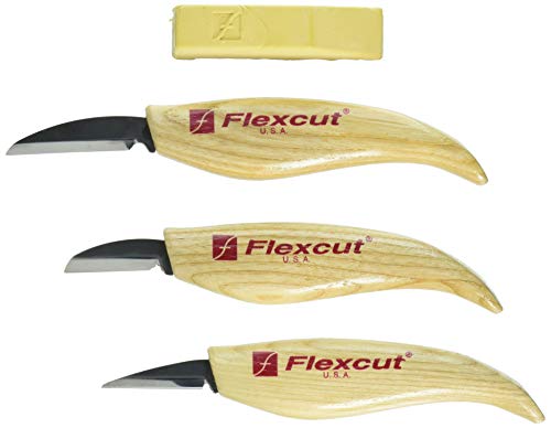 FLEXCUT Wood Carving Knives | Starter Set of 3 Woodcarving Knives | 1095 High Carbon Steel Blades | Ergonomic Ash Wood Handles for Beginners and Hobbyists | KN500 | Made in the U.S.A