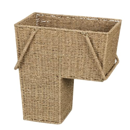 Household Essentials Wicker Stair Basket with Handles, Handwoven Seagrass, Sits on Two Stairs, Lightweight,