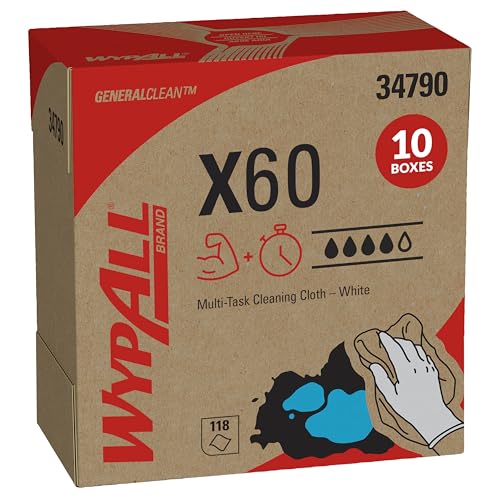 WypAll Wischtücher, X60, Industrielle Reinigungstücher, Hydroknit-Technologie, 1-lagig, 10 Zupfboxen x 118 Tücher, Weiß, 34790