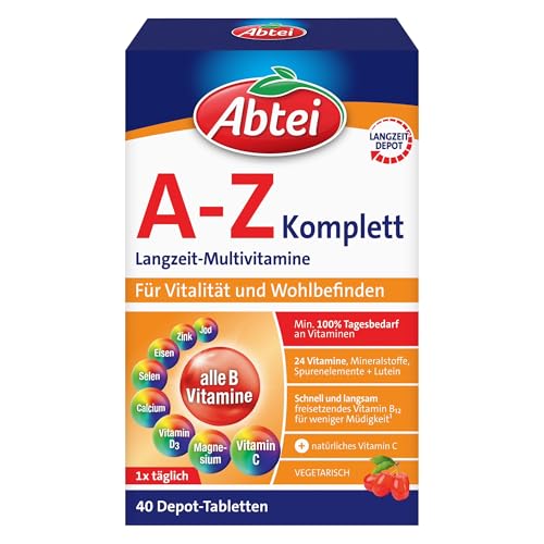 (-40%) Abtei A-Z Komplett Langzeit-Multivitamine - mit natürlichem Vitamin C - Nahrungsergänzungsmittel für Vitalität und Wohlbefinden - laborgeprüft, hochdosiert und vegetarisch - 1 x 40 Tabletten