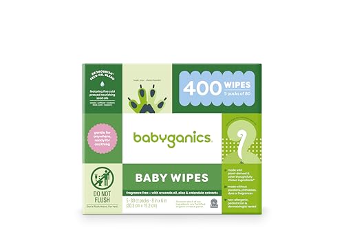 Babyganics Baby Wipes, Unscented Diaper Wipes, 400 Count, (5 Packs of 80), Non-Allergenic and formulated with Plant Derived Ingredients