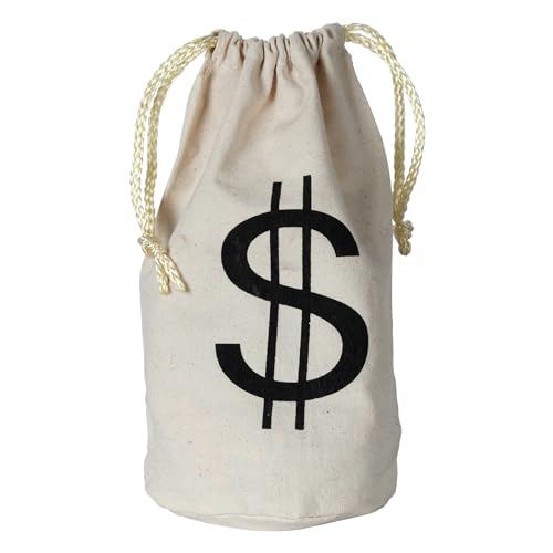 Beistle "$" Bag – Fabric Money Sack with Black Dollar Sign Print and Drawstring Cord, Natural Canvas Tote for Costume Accessories, Casino Western Party Décor, or Bank Robbery Themed Events, 8½" x 6½"