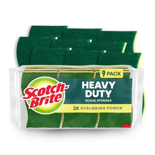 Scotch-Brite Heavy Duty Scrub Sponge, 9 Kitchen Sponges Designed for Tough Messes in the Kitchen that Last 3X Longer*, Best for Cast Iron Skillets and Outdoor Grills, Flexible, Durable, and Strong