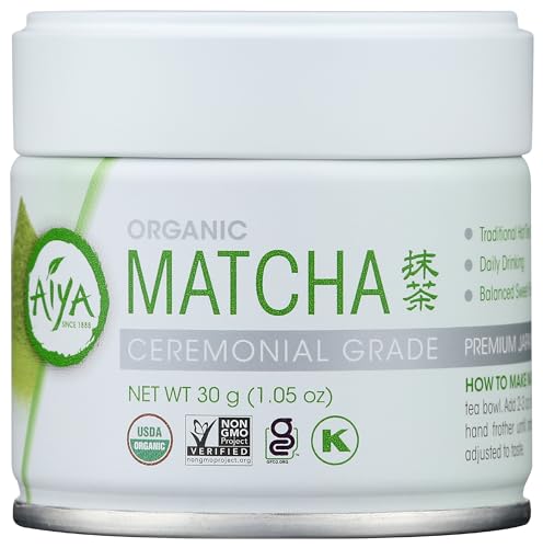 Aiya Organic Ceremonial Grade Matcha Powder - Premium Matcha Ceremonial Grade, Vibrant Jade Green Color, Mild Natural Sweetness, Japanese Tea Ceremonies - 30g Tin