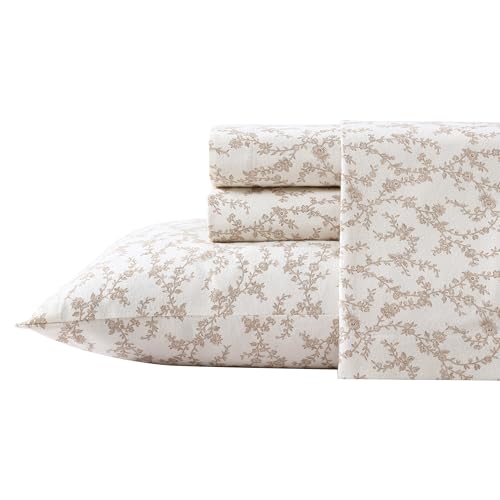Laura Ashley - Flannel Sheets Queen Size, Anti-Pilling & Wrinkle Resistant Cotton, Touchably Soft for All-Season Comfort - Bed Sheets with Matching Pillowcases & Fitted Sheet (Victoria Beige)