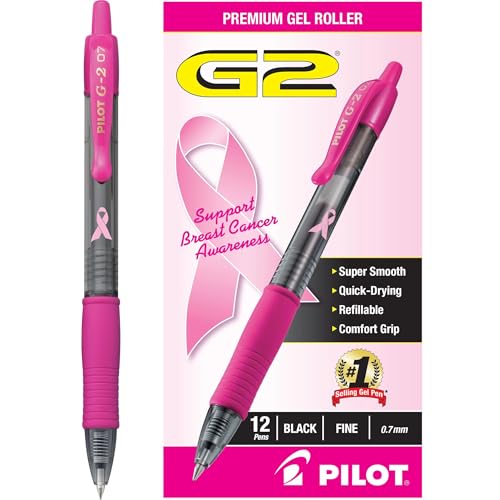 Pilot G2 Breast Cancer Awareness Pink Pens with Black Ink, Retractable Gel Ink Rolling Ball, Fine Point, Dozen Box -31332