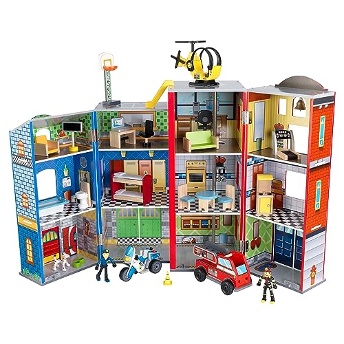 KidKraft Everyday Heroes Wooden Playset, 3-Story with 26-Piece Accessories, Foldable for Storage