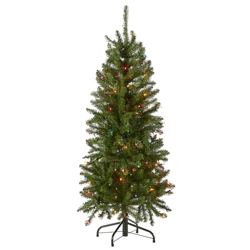 National Tree Company 4.5 ft Pre-Lit Kingswood Fir Slim Artificial Christmas Tree, 150 Multicolor Lights, 330 Tips, Incl