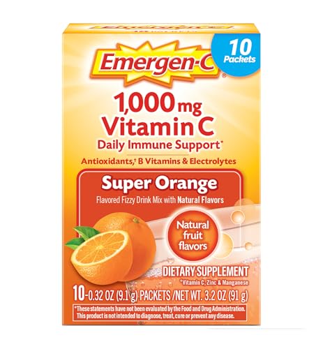 Emergen-C 1000mg Vitamin C Powder for Daily Immune Support Caffeine Free Vitamin C Supplements with Zinc and Manganese, B Vitamins and Electrolytes, Super Orange Flavor - 10 Count