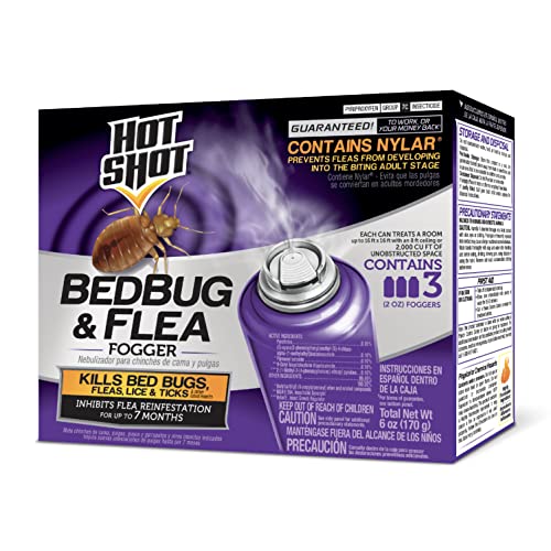 Hot Shot BedBug And Flea Fogger 3 Count-2 Ounce Cans, With Nylar, Inhibits Flea Reinfestation