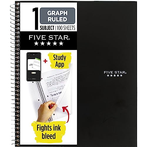 Five Star Spiral Notebook + Study App, 1 Subject, Graph Ruled Paper, Fights Ink Bleed, Water Resistant Cover, 8-1/2" x 11", 100 Sheets, Color Will Vary, 1 Count (06190)