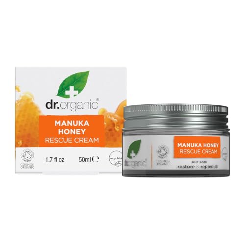 Dr Organic Manuka Honey Rescue Cream, Dry Skin, Mens, Womens, Natural, Vegetarian, Cruelty-Free, Paraben & SLS-Free, Certified Organic, 50ml, Packaging may vary