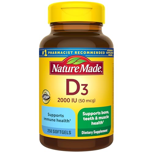 Nature Made Vitamin D3 2000 IU (50 mcg), Vitamin D Supplement for Bone, Teeth, Muscle and Immune Health Support, 250 Softgels, 250 Day Supply