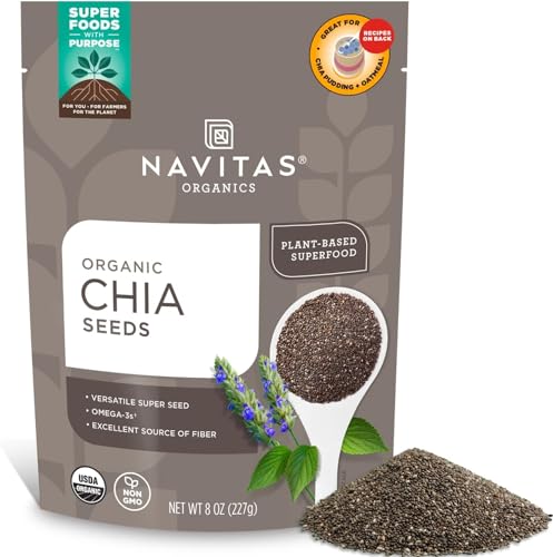 Navitas Organics Chia Seeds – For Chia Pudding, Smoothies, Baking, Salads & More – Omega 3, Fiber, Minerals - USDA Organic, Non GMO, Kosher, Gluten Free, Keto (8oz. Bag, 8 Servings)